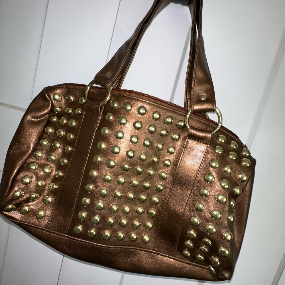 Bronze Faux Leather Embellished with Gold Studs- Bisou Bisou Satchel Bag